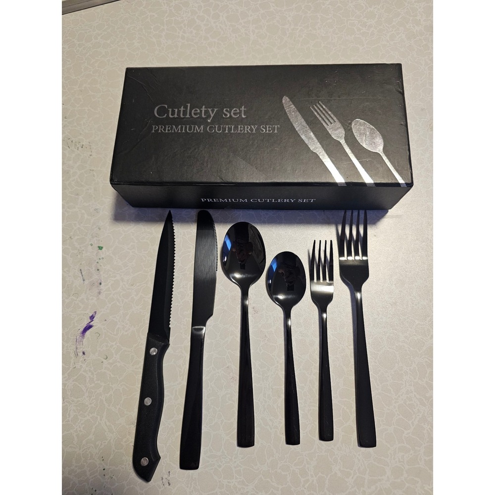 Premium Cutlery Set 48 Piece Black Stainless Steel Flatware Service for 8 Boxed
